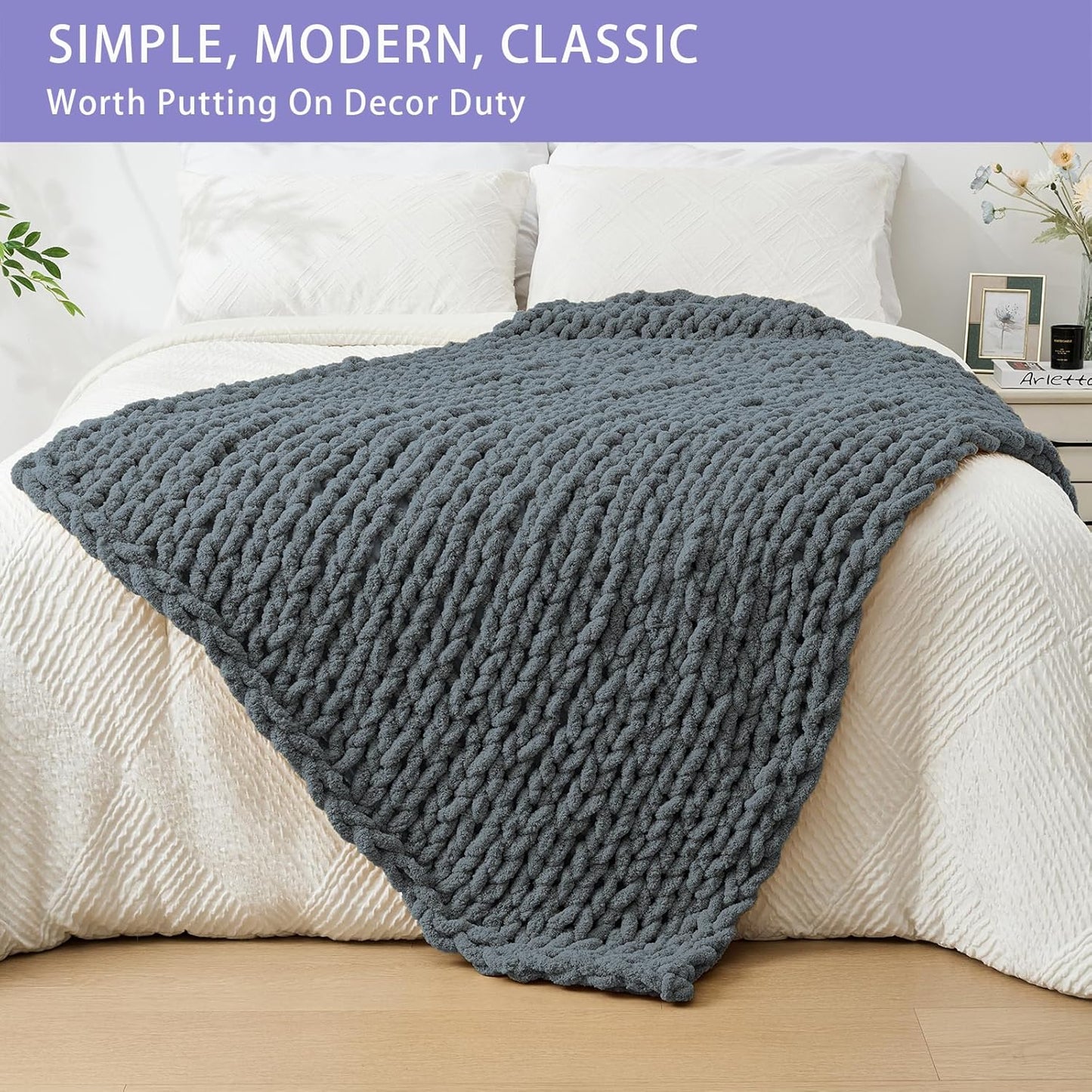 Bigacogo Chunky Knit Throw Blanket for Couch, 40x60 inches, 100% Hand Knitted with Thick Jumbo
