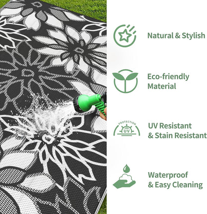 GENIMO Outdoor Rug Waterproof for Patio Decor, 8' x 10' Reversible Plastic Straw Floral Camping
