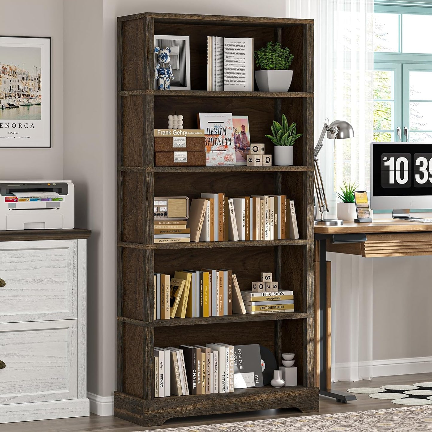 TVU 5-Shelf Wood Bookcase, 65 Inch Tall Bookshelf with Storage, Floor Standing Display Book Shelf
