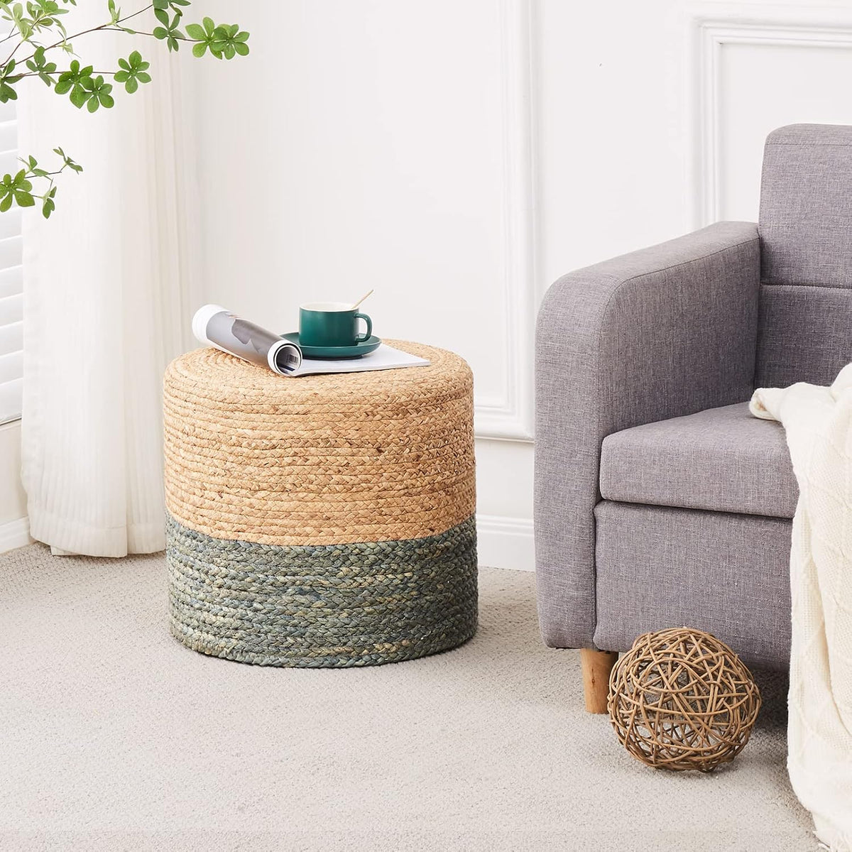 Wimarsbon 18'' Ottoman Pouf, Natural Braided Poof, Rustic Handweave Lounge Pouffe, Boho Footrest