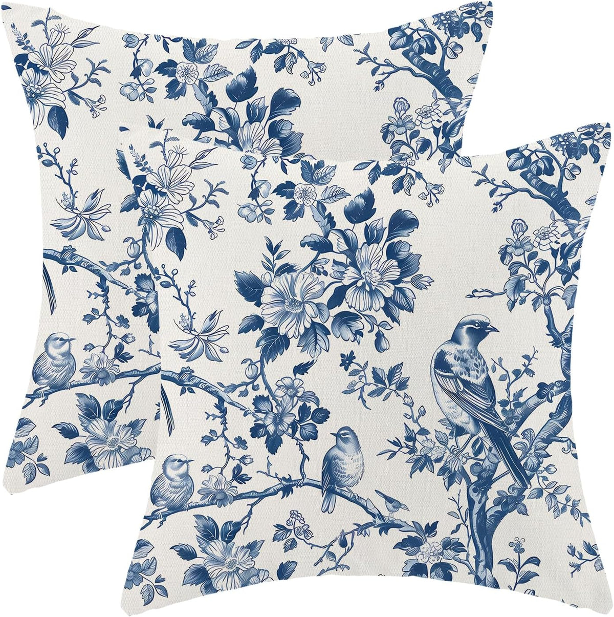 Navy Blue Spring Floral Pillow Covers 16 x 16 Inch Set of 2 for Vintage Chinoiserie Flowers Bird