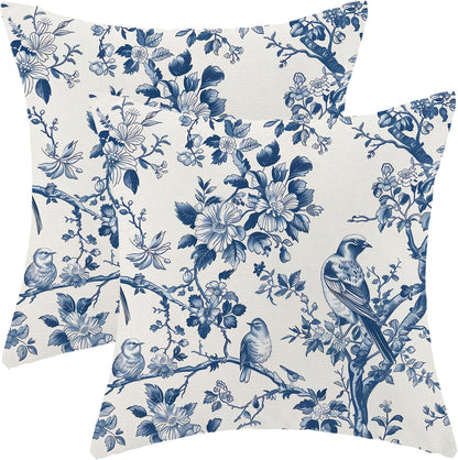 Navy Blue Spring Floral Pillow Covers 16 x 16 Inch Set of 2 for Vintage Chinoiserie Flowers Bird