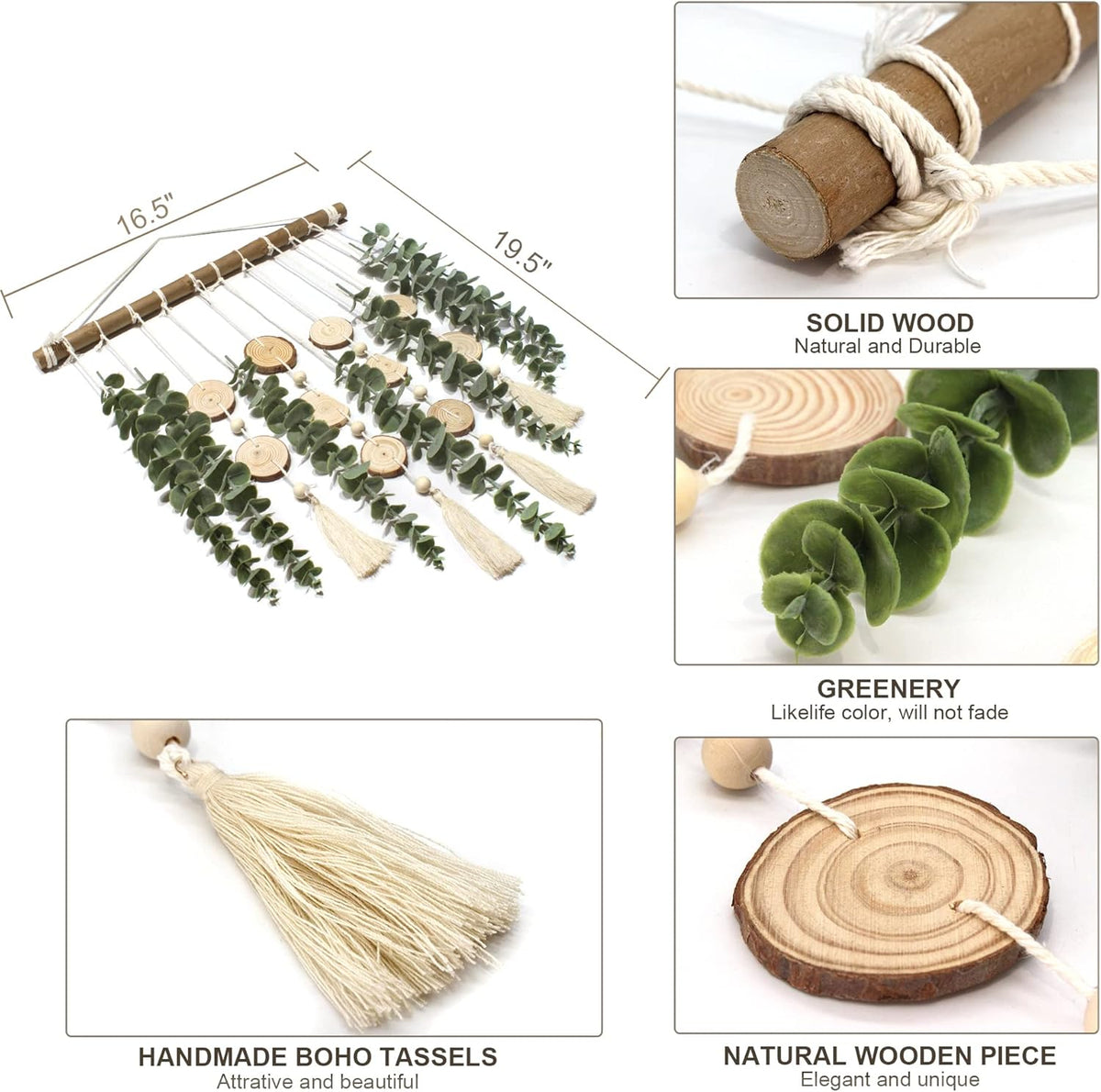 Artificial Eucalyptus Wall Decor Fake Greenery Leaves Stems Wall Hanging Plants on 16.5 inch Wooden