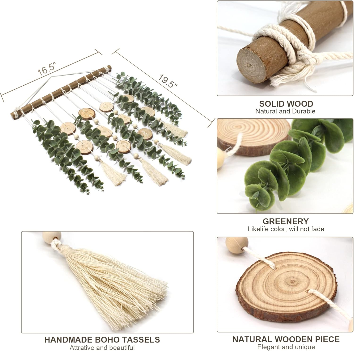 Artificial Eucalyptus Wall Decor Fake Greenery Leaves Stems Wall Hanging Plants on 16.5 inch Wooden