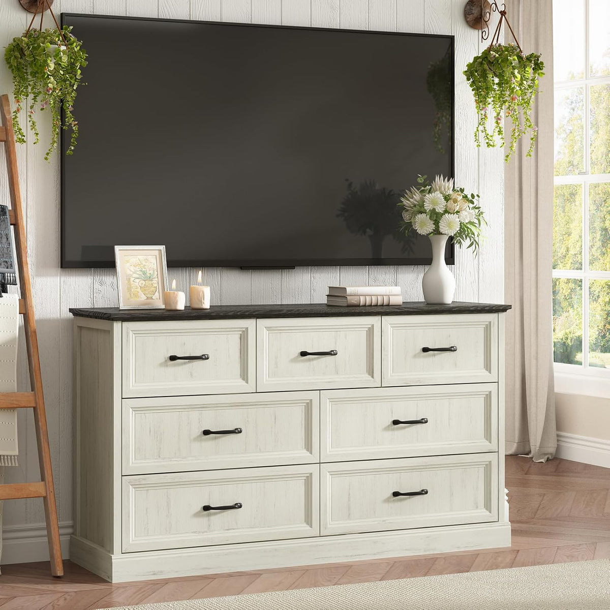 Farmhouse 7 Drawer Dresser for Bedroom, 55 Inch Wide Modern White Dresser TV Stand with Large