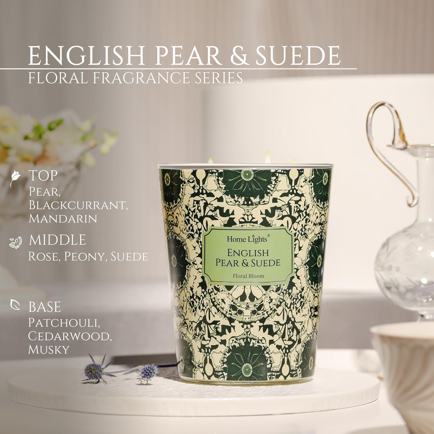 HomeLights Soy Wax Candles for Home Scented, 3-Wick Candles in English Pear & Suede Scented
