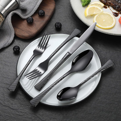Hammered Black Silverware Set for 8,Stainless Steel 40-Piece Modern Cutlery Set,Mirror Polished