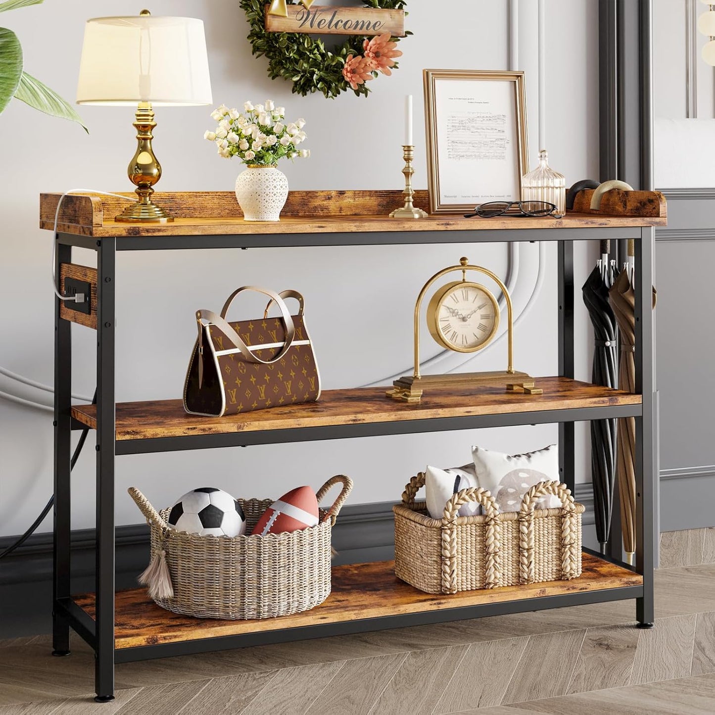 IRONCK Console Table, Sofa Table with Power Outlet, Farmhouse Hallway Table for Entryway, Living