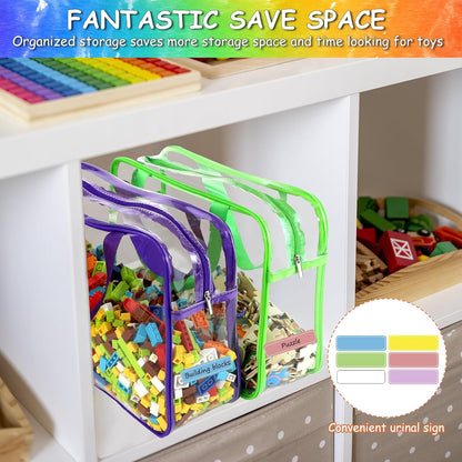 OPELETNNT 6 Color Large Toy Storage Bags with Labels, Reusable Clear PVC Board Game Storage, Travel
