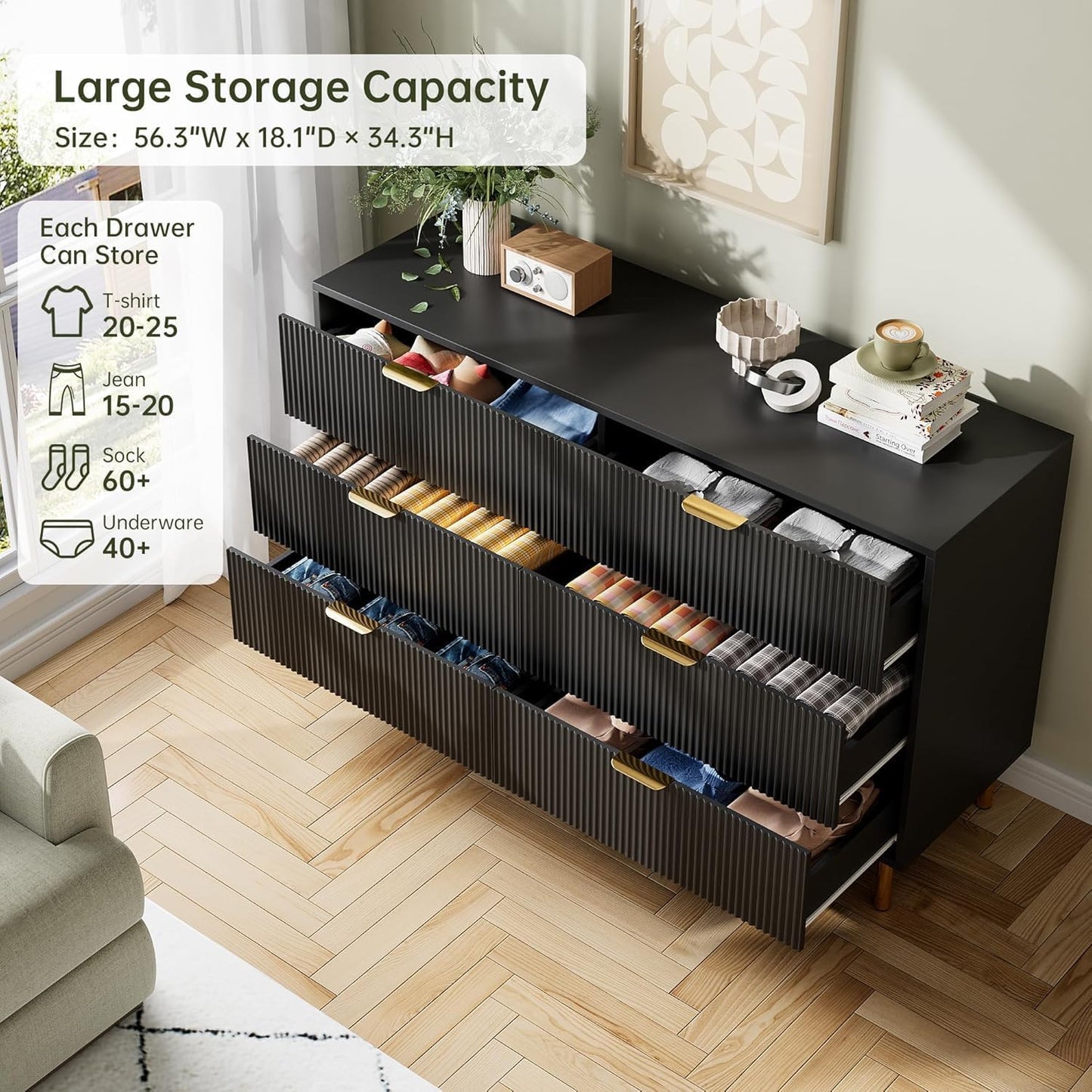 GAOMON 6 Drawer Dresser, Wood Chest of Drawers Organizer Storage with Gold Handle, Large Storage