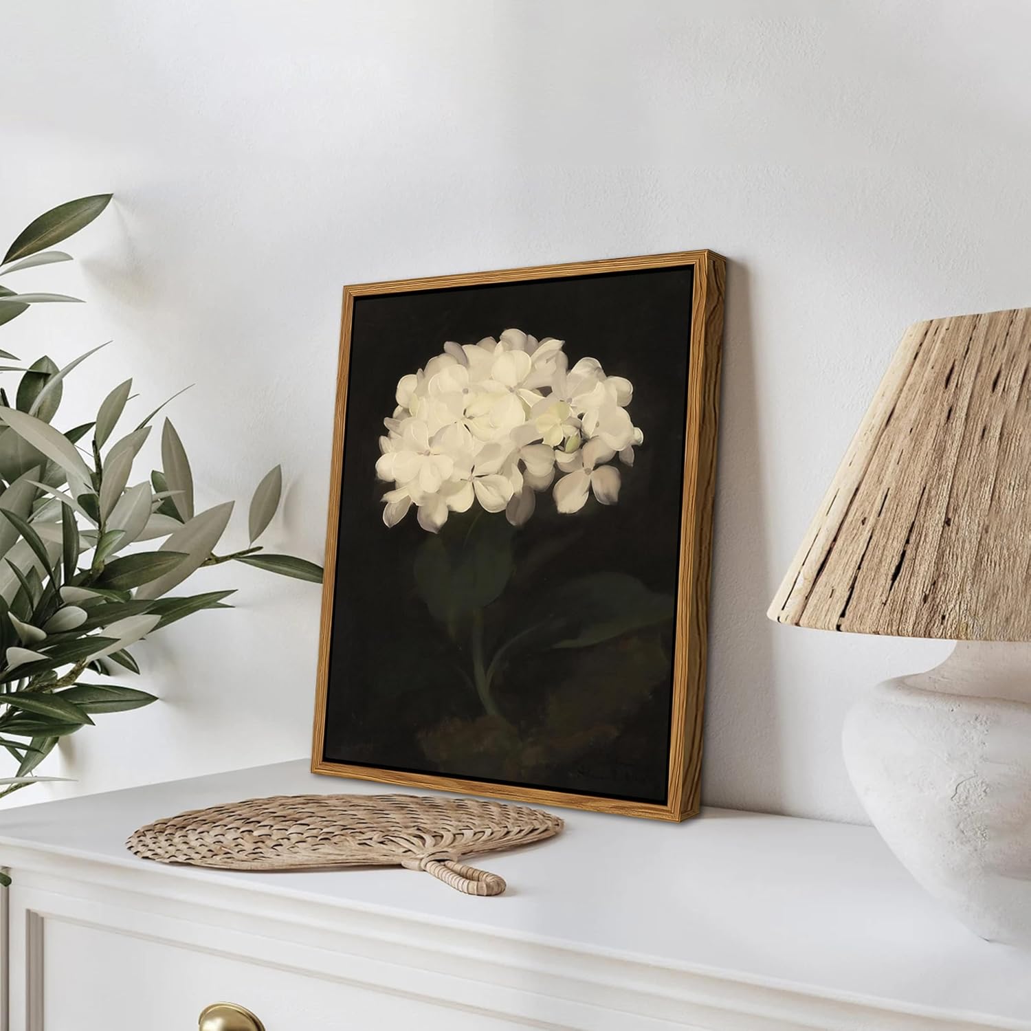 Framed Wall Art for Living Room – Vintage White Hydrangea Oil Painting Canvas Prints, Aesthetic