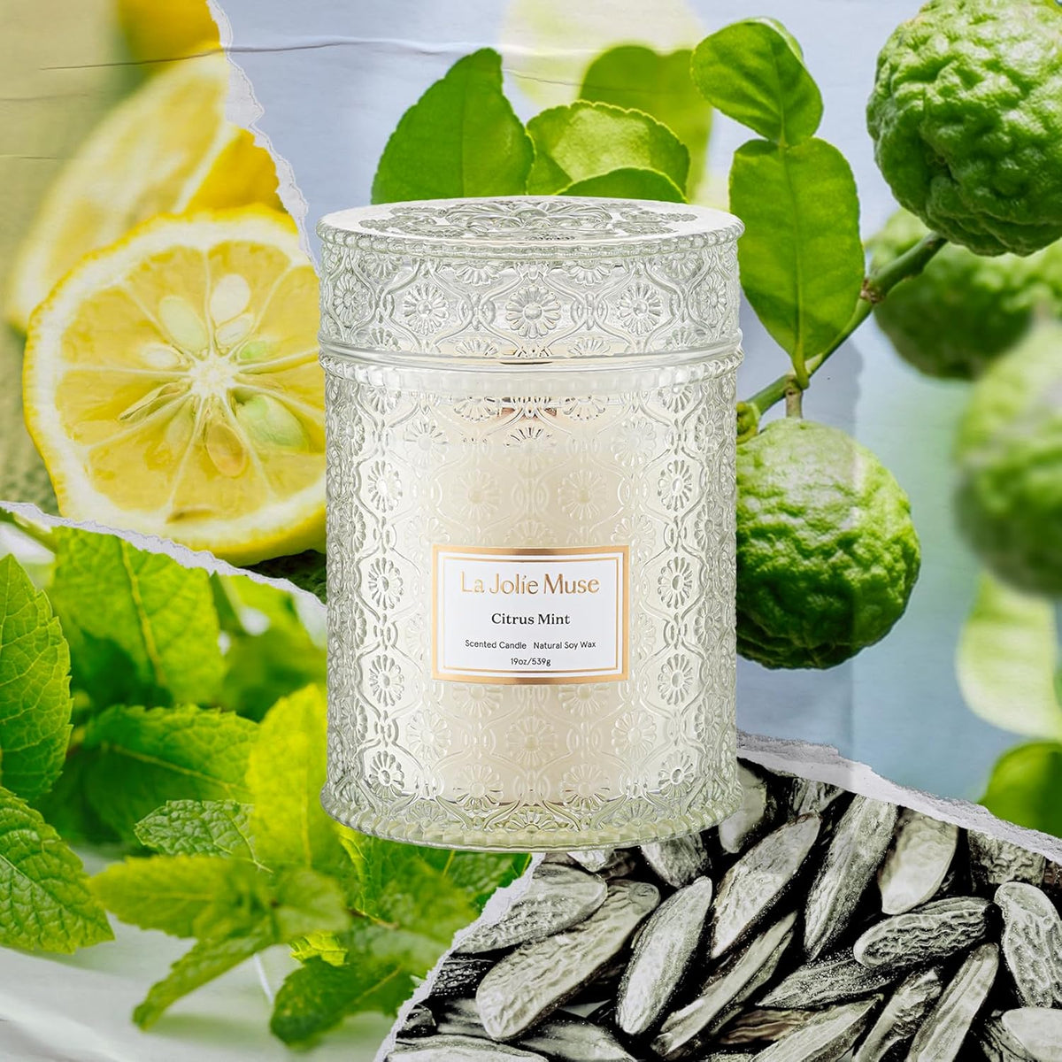 LA JOLIE MUSE Citrus Mint Candle - Bergamot, Yuzu, Mint | 19 oz Large Wooden Wick Candle | Natural