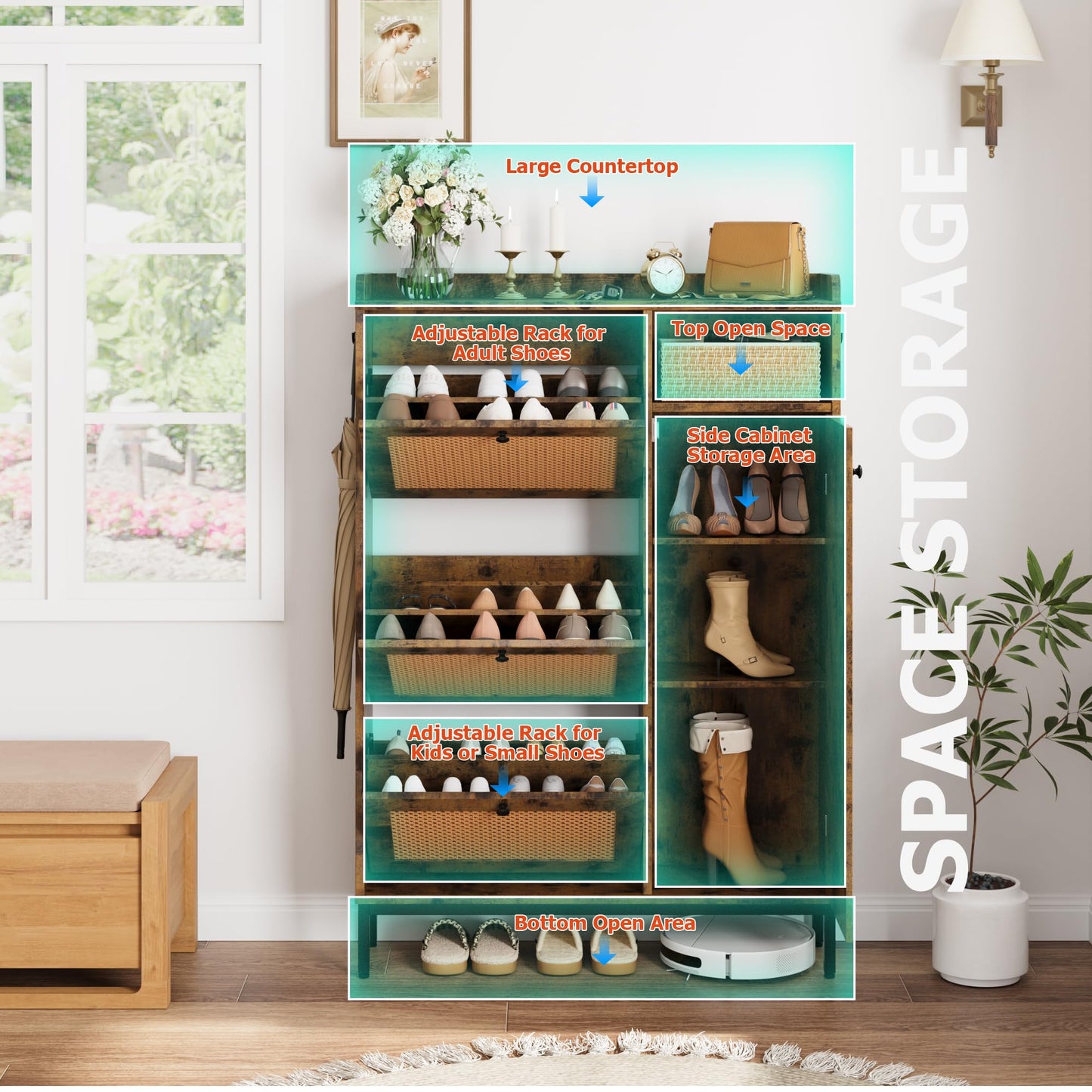 GarveeHome Shoe Cabinet Rattan with 3 Flip Drawers