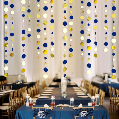 46 Ft Navy Blue and Gold Circle Dots Garland Royal Blue Hanging Paper Polka Dot Streamer for