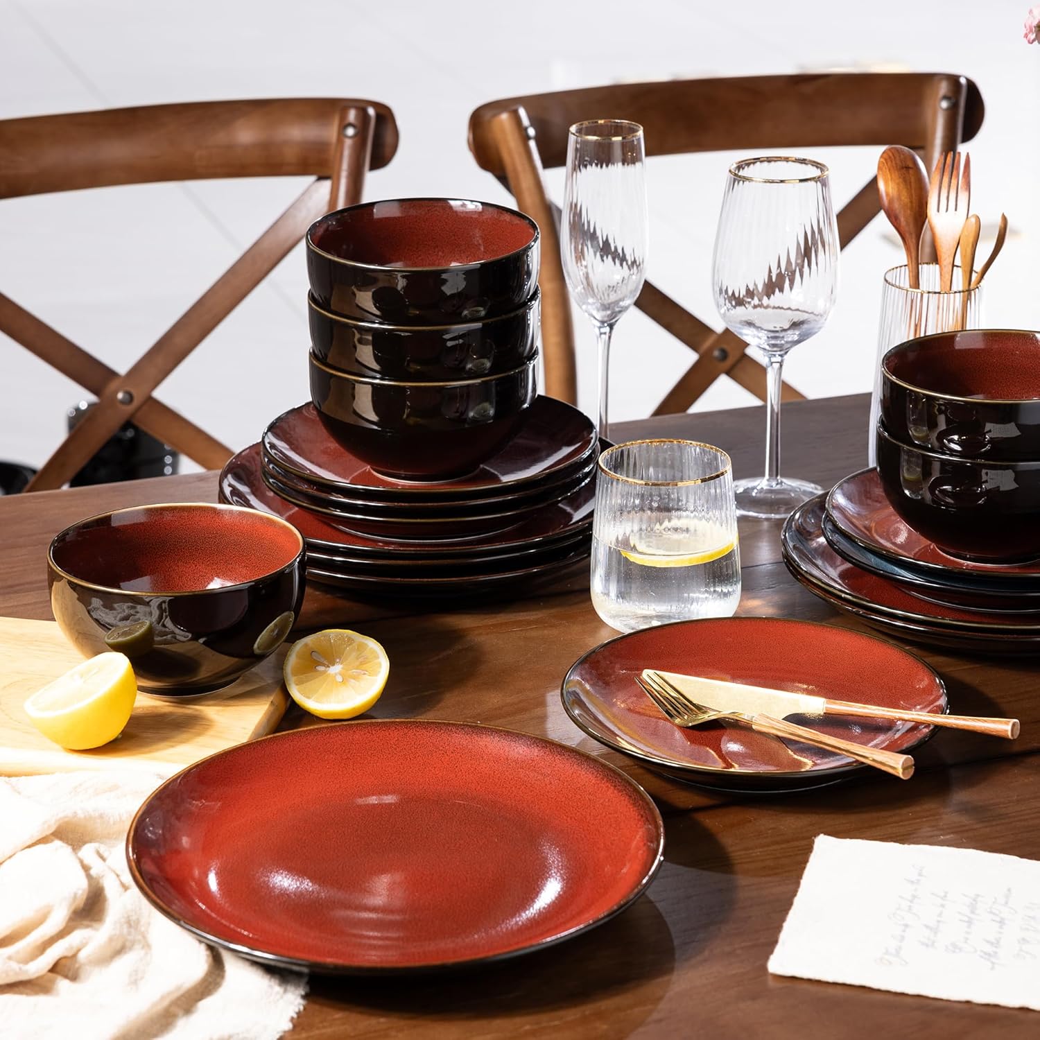LeRatio Ceramic Dinnerware Sets for 6,Stoneware Plates and Bowls Sets,Handmade Reactive Glaze