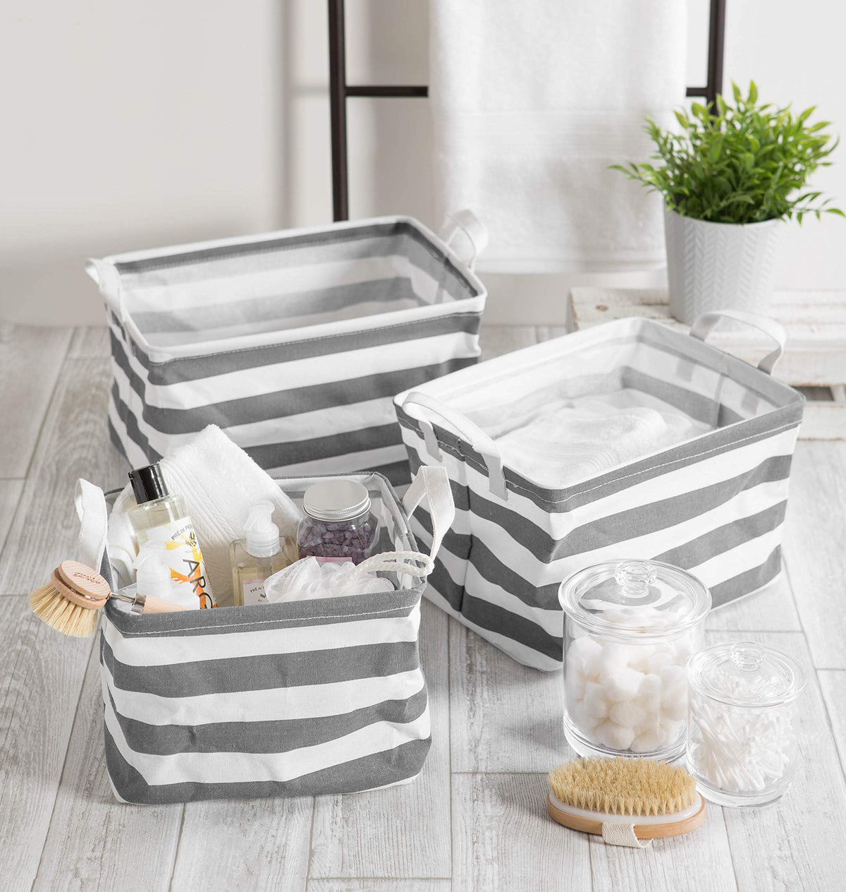 DII Laundry Storage Collection, PE Coated Collapsible Bin with Handles, Gray Stripe, Large Set