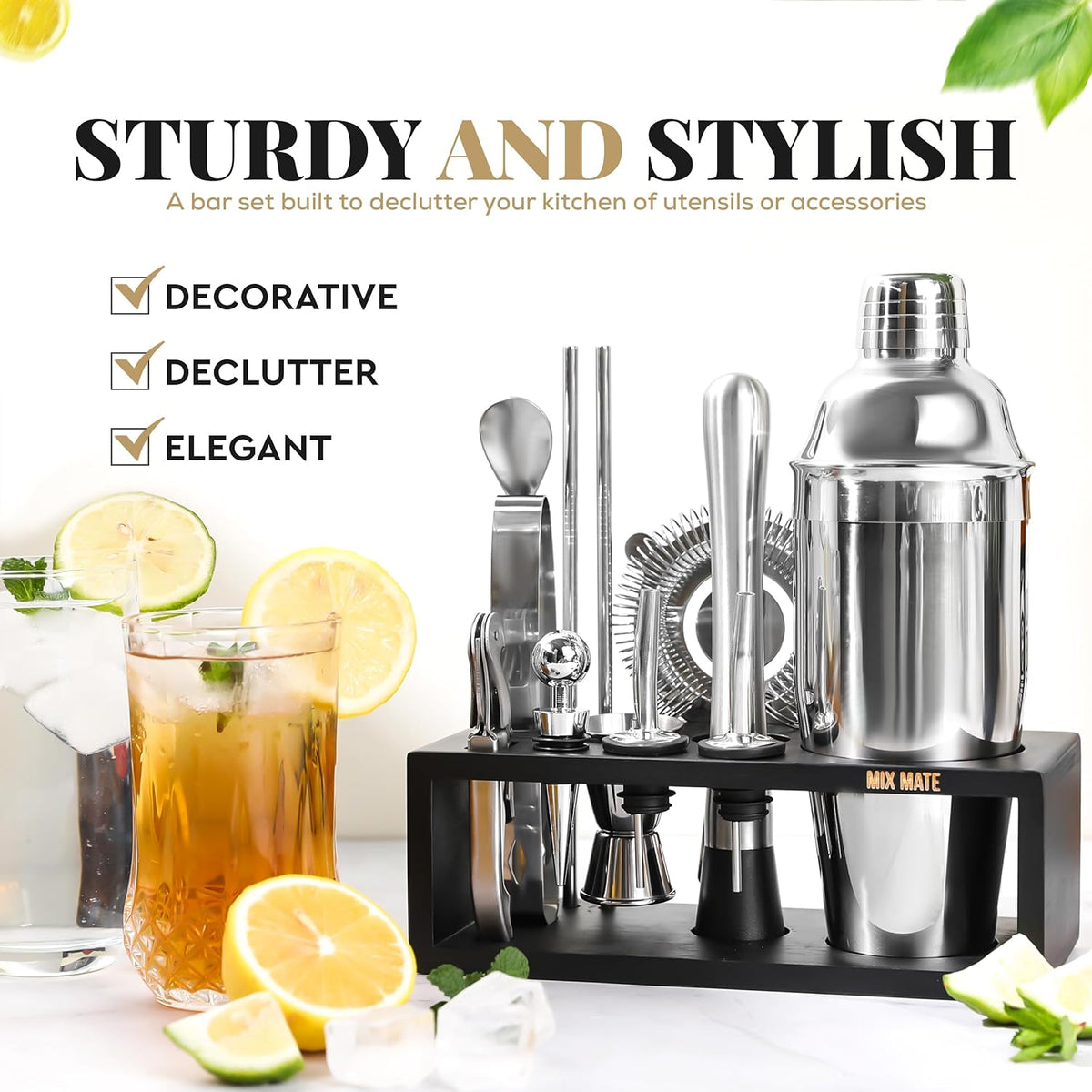 Mixology Bartender Kit with Stand - 15 Piece Bar Tool Set, Silver Bar Set Cocktail Shaker Set for