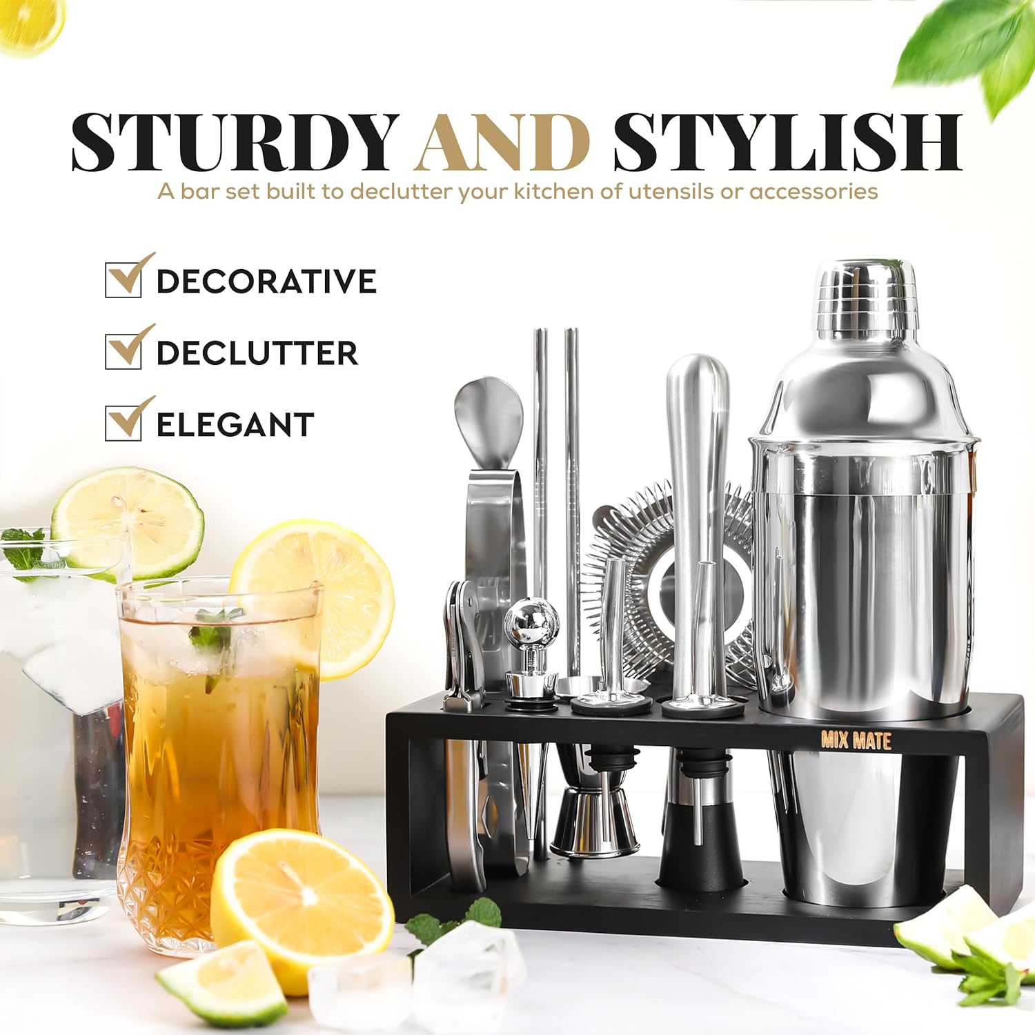 Mixology Bartender Kit with Stand - 15 Piece Bar Tool Set, Silver Bar Set Cocktail Shaker Set for