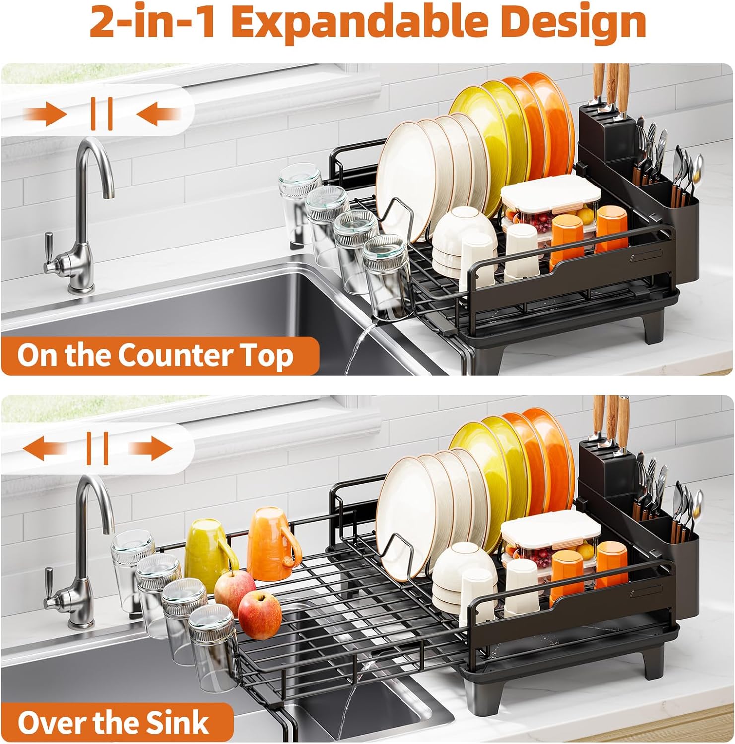 Extendable Dish Drying Rack, Multifunction Dish Rack for Kitchen Counter, Expandable Dish Drainer