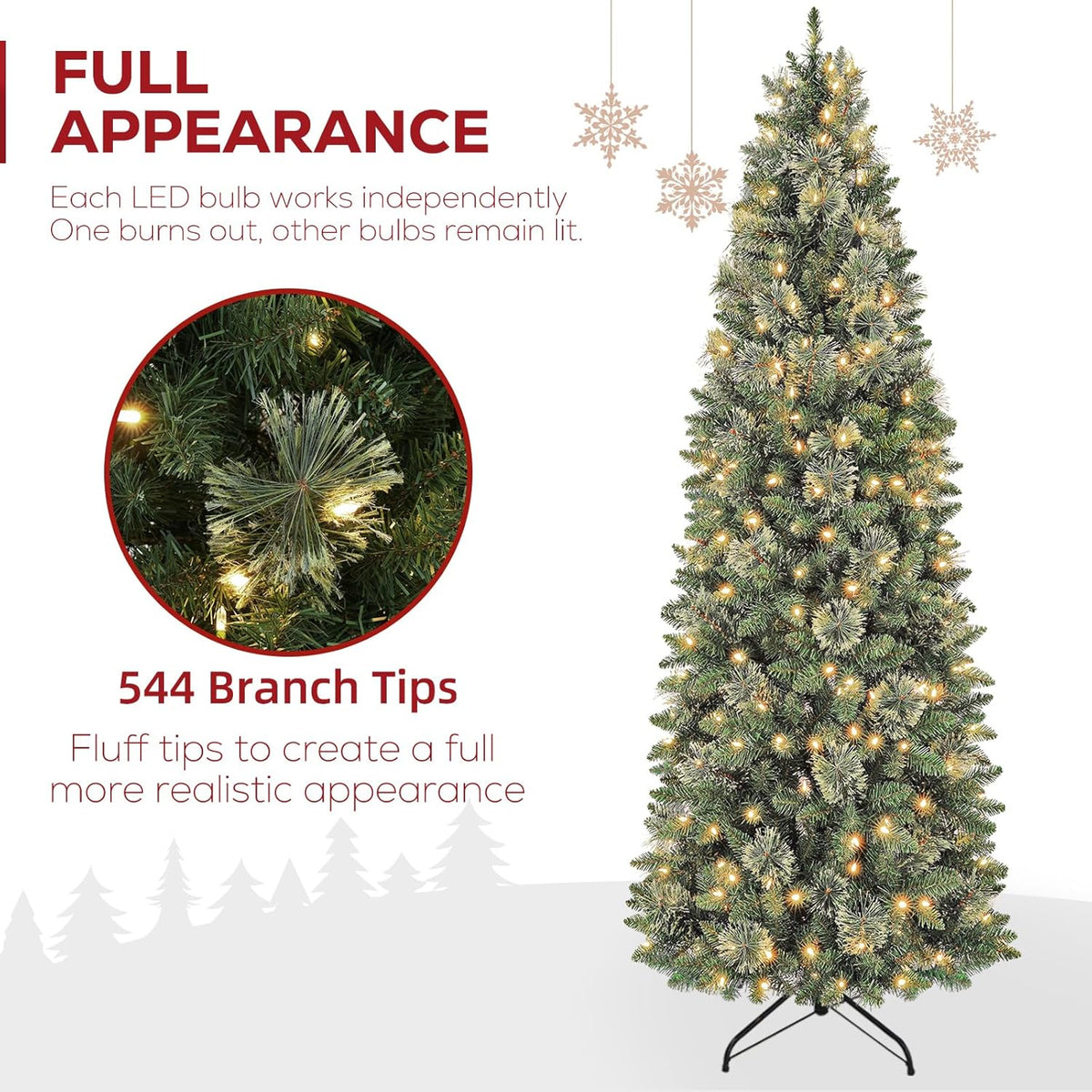 Hykolity 6 ft Prelit Pencil Slim Christmas Tree with 200 Warm White LED Lights, 544 PVC Branch