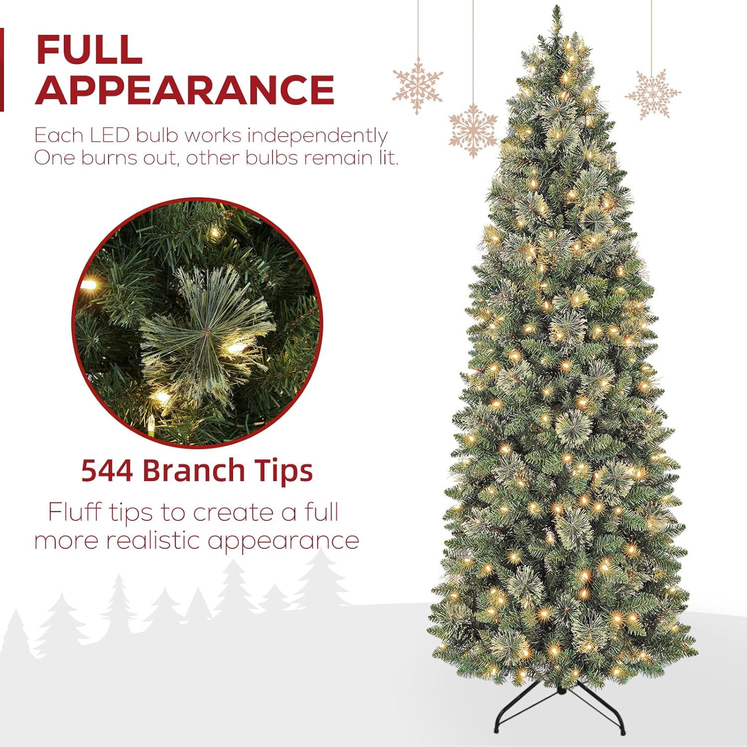 Hykolity 6 ft Prelit Pencil Slim Christmas Tree with 200 Warm White LED Lights, 544 PVC Branch