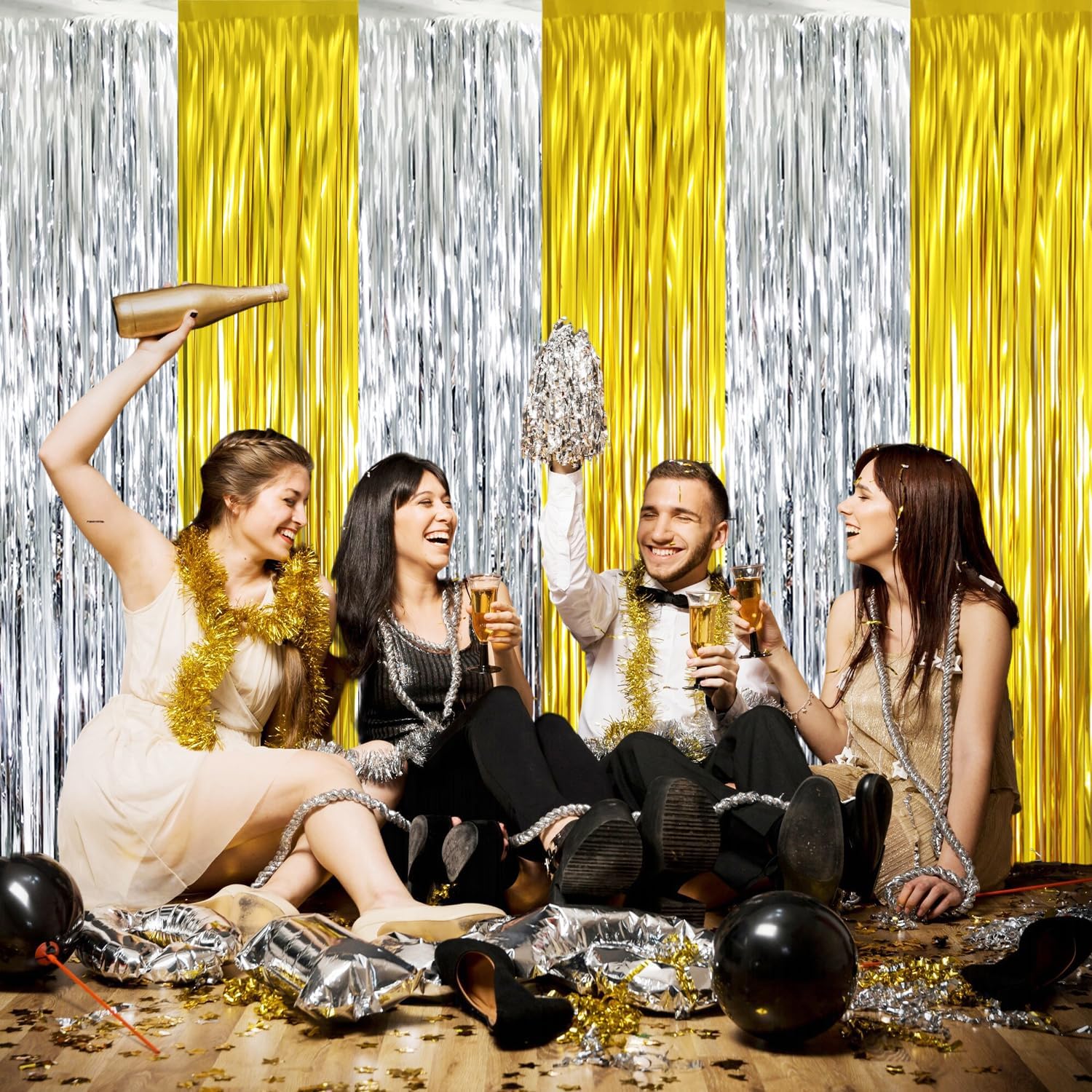 GOER 3.2 ft x 8.2 ft Metallic Tinsel Foil Fringe Curtains Party Backdrop Party Streamers for