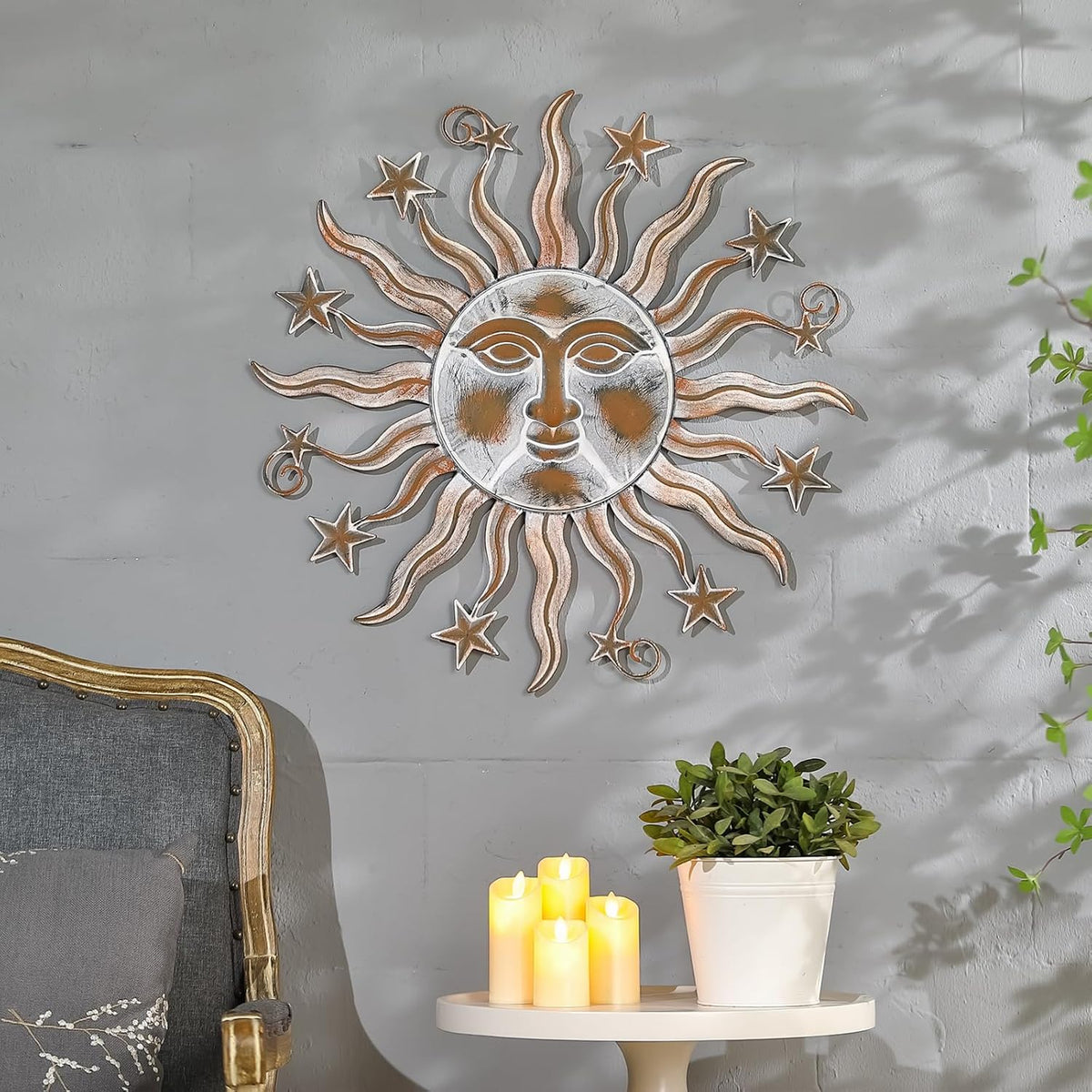 TICKCACY Metal Sun Wall Art Sculpture Decor, 23.8” Vintage Sun and Star Wall Hanging Decoration for
