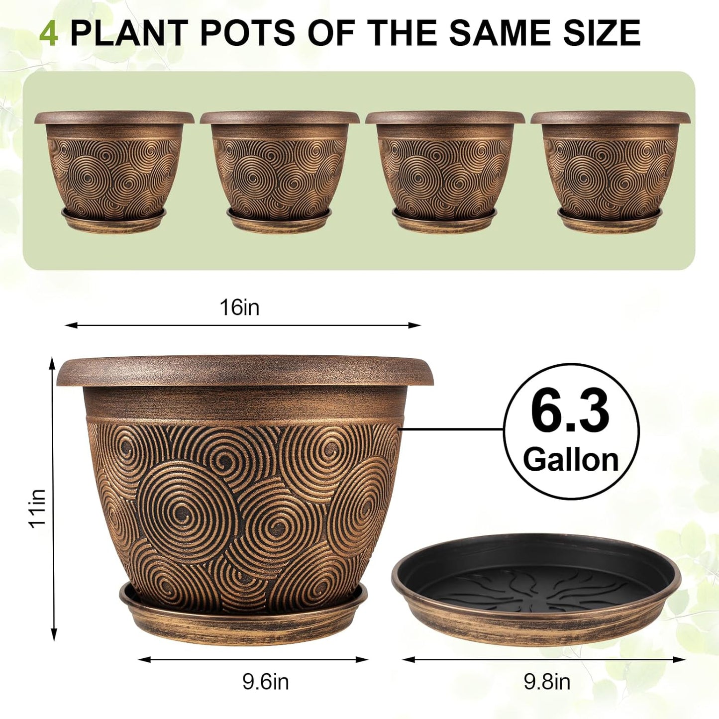 16 Inch Large Planter Pot for Plants Indoor Outdoor, 4 Pack Plastic Flower Pots with Drainage Hole