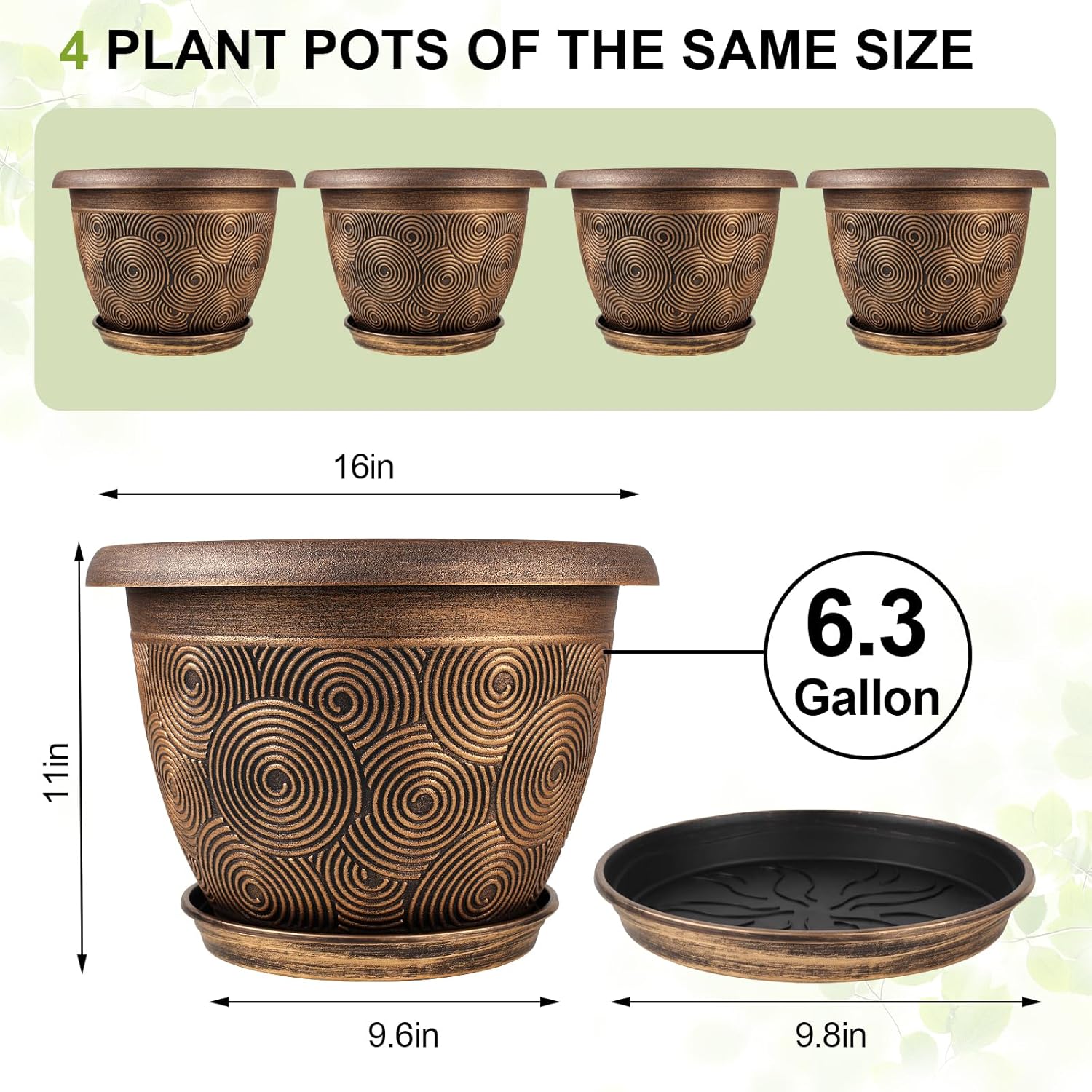 16 Inch Large Planter Pot for Plants Indoor Outdoor, 4 Pack Plastic Flower Pots with Drainage Hole