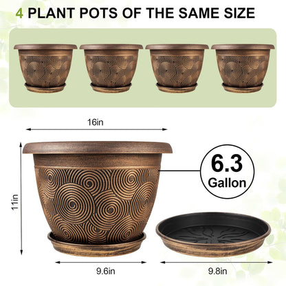 16 Inch Large Planter Pot for Plants Indoor Outdoor, 4 Pack Plastic Flower Pots with Drainage Hole