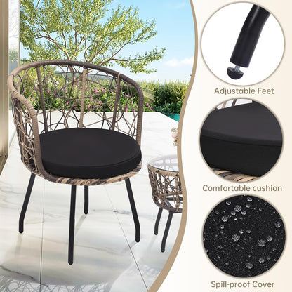 Kromax 3 Piece Bistro Set, Modern Outdoor Wicker Patio Furniture with Tempered Glass Table Top and