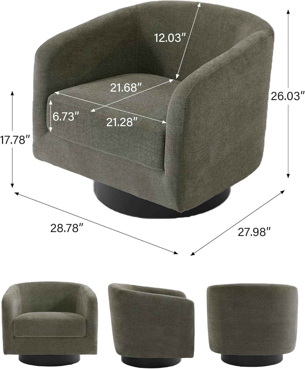 Swivel Barrel Accent Chair, Modern Round Chenille Fabric Arm Chair for Living Room, Bedroom, Comfy
