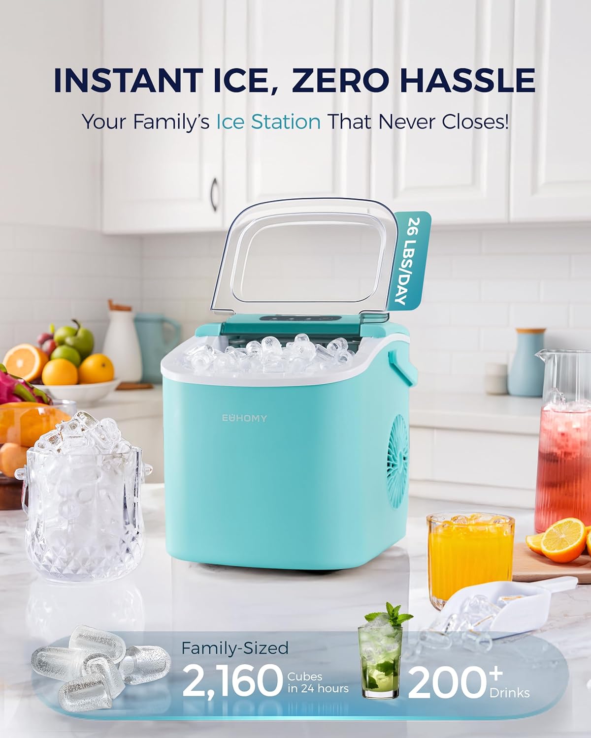 EUHOMY Countertop Ice Maker Machine with Handle, 26lbs Per Day, 9 Ice Cubes Ready in 6 Mins