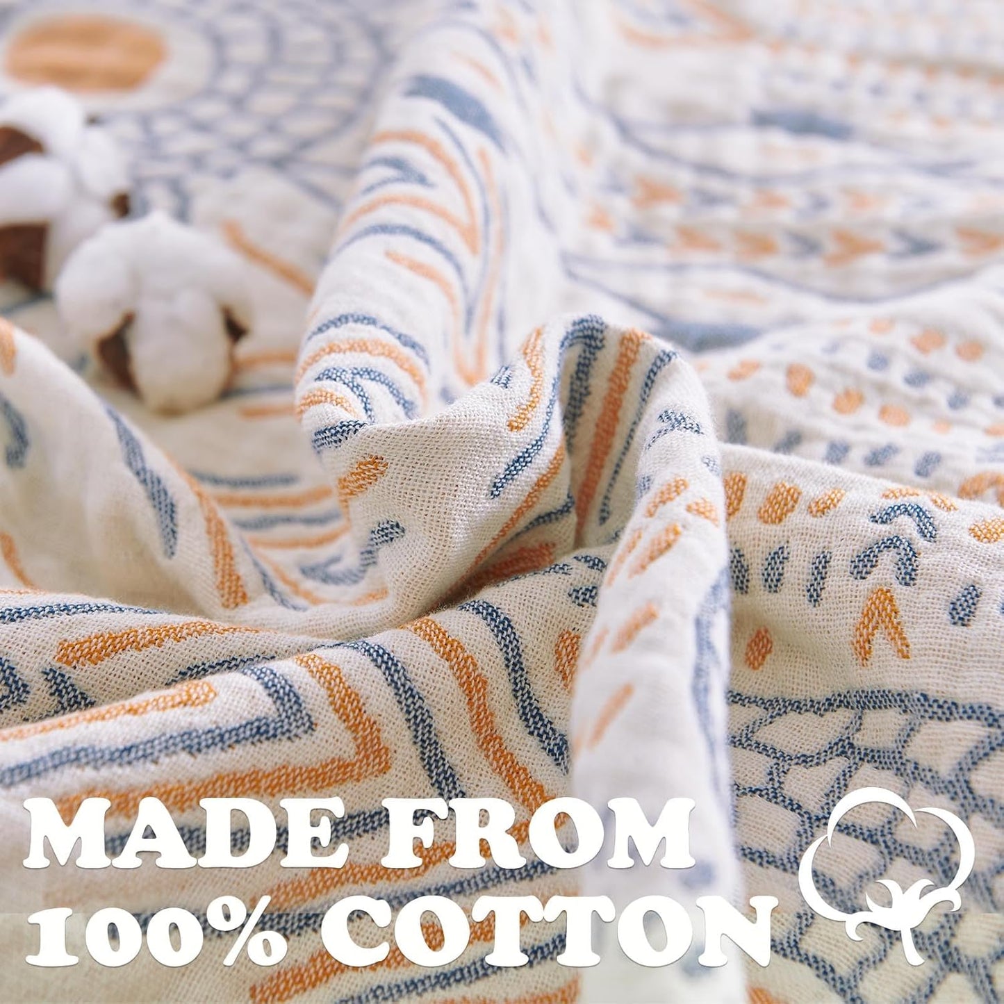 jinchan Boho 100% Cotton Muslin Twin Size 60x80 Throw Blanket Lightweight 4-Layer Orange Reversible