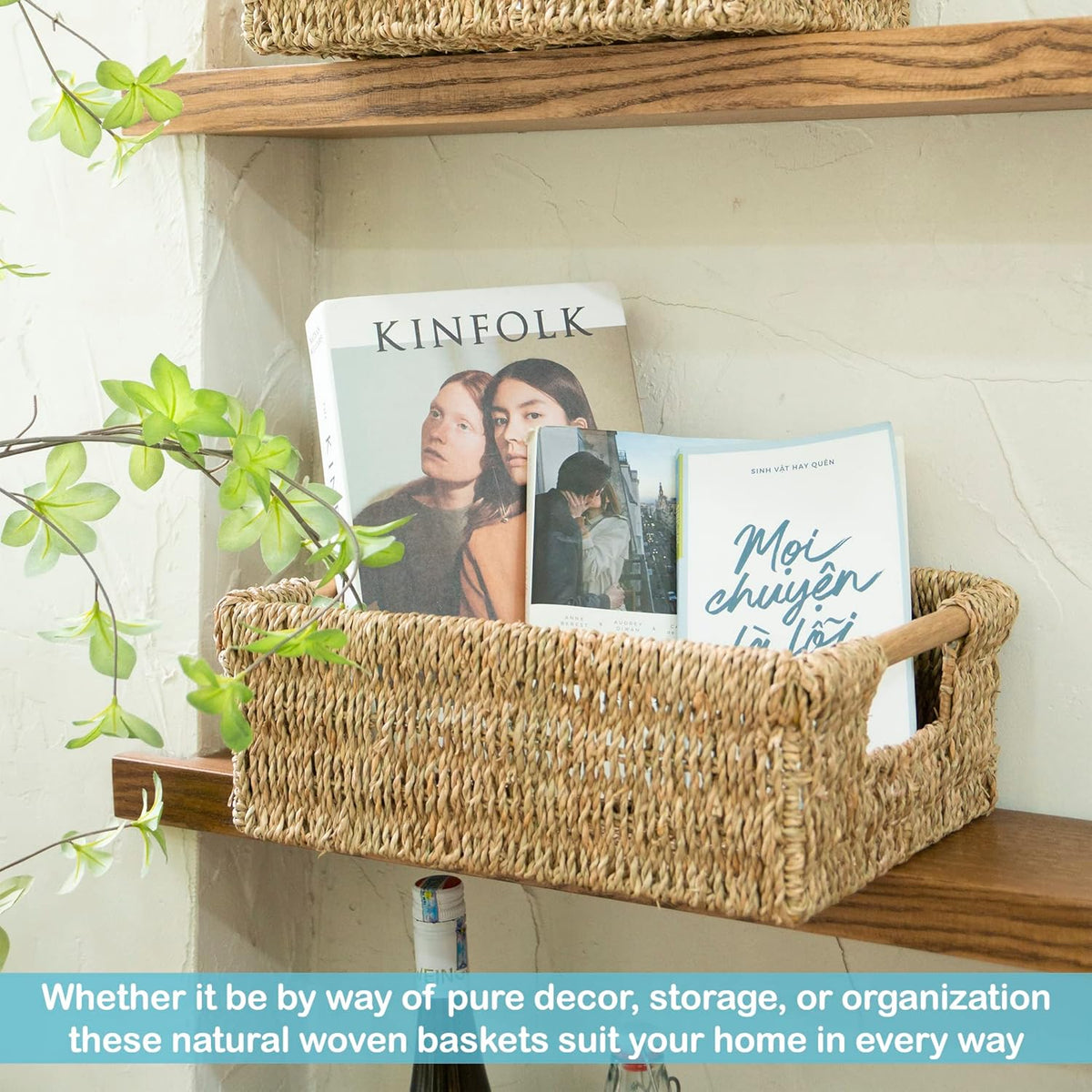 Large Natural Wicker Basket Rectangular with Wooden Handles, Seagrass Storage for Organizing