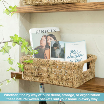 Large Natural Wicker Basket Rectangular with Wooden Handles, Seagrass Storage for Organizing