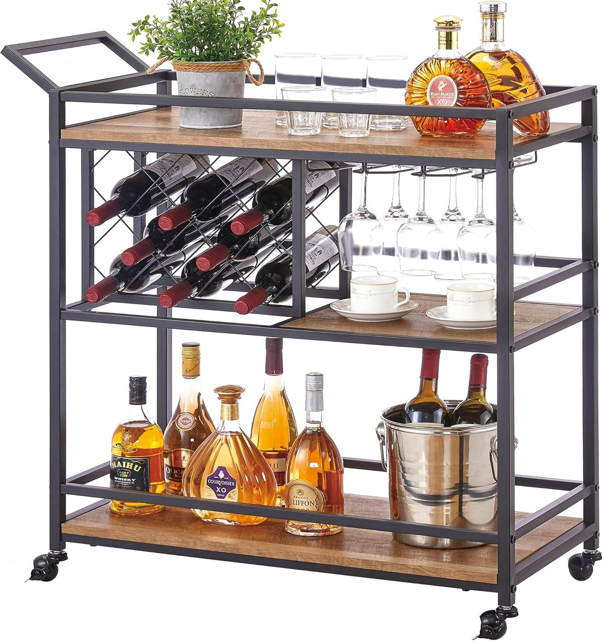 FATORRI Bar Cart for The Home, Rolling Wine Carts on Wheels with 3 Tier Wood Shelves, Liquor