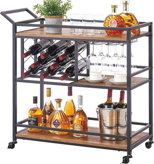 FATORRI Bar Cart for The Home, Rolling Wine Carts on Wheels with 3 Tier Wood Shelves, Liquor