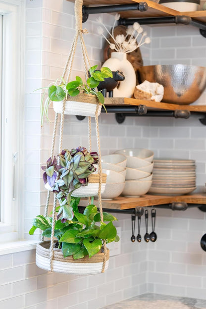 CEDAR+PINE 3-Tier Lined Hanging Fruit Basket Natural Woven Cotton with Strong Jute Rope Hanger in