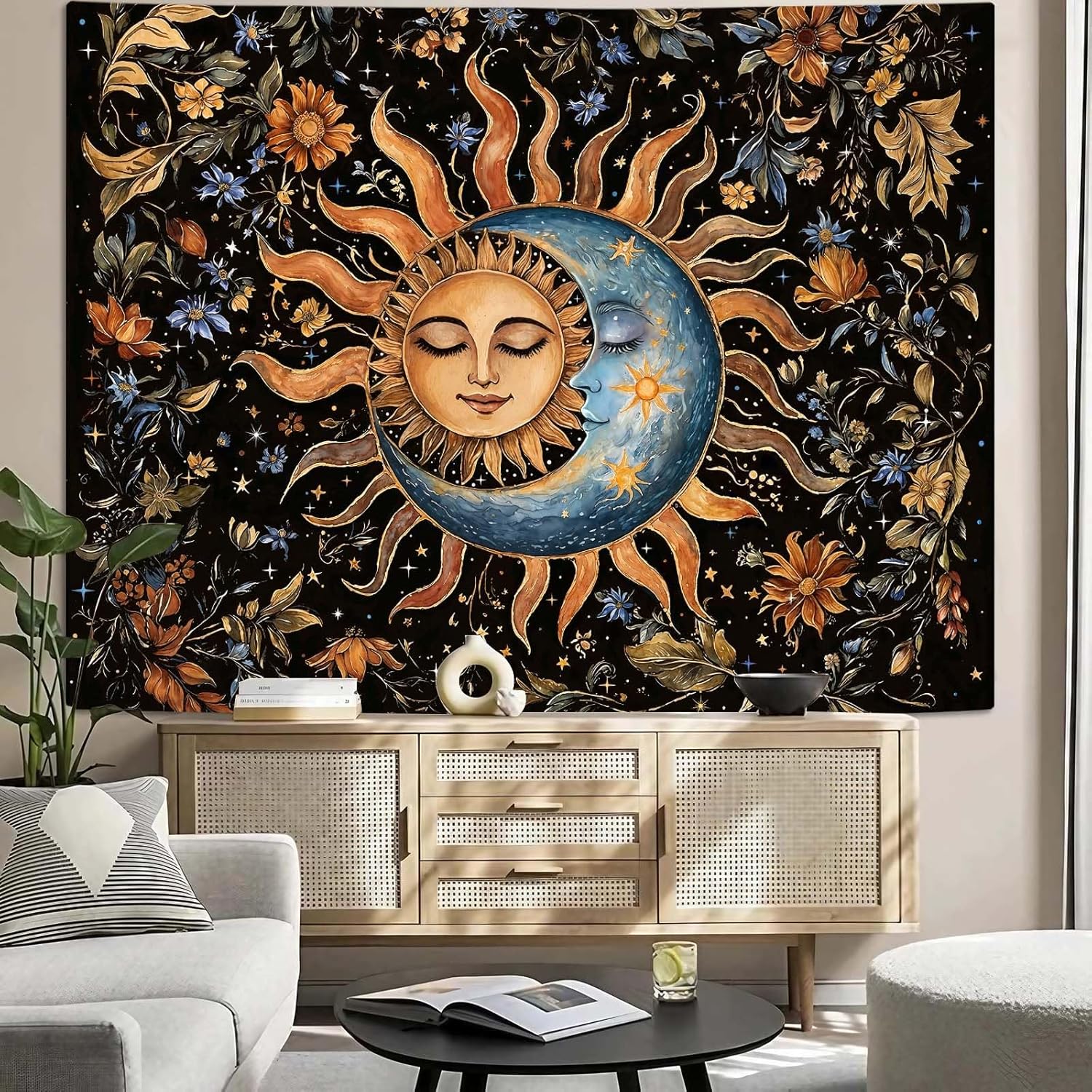 Aipon Sun and Moon Tapestry for Bedroom Boho Vintage Floral Hippie Wall Tapestry Aesthetic Retro