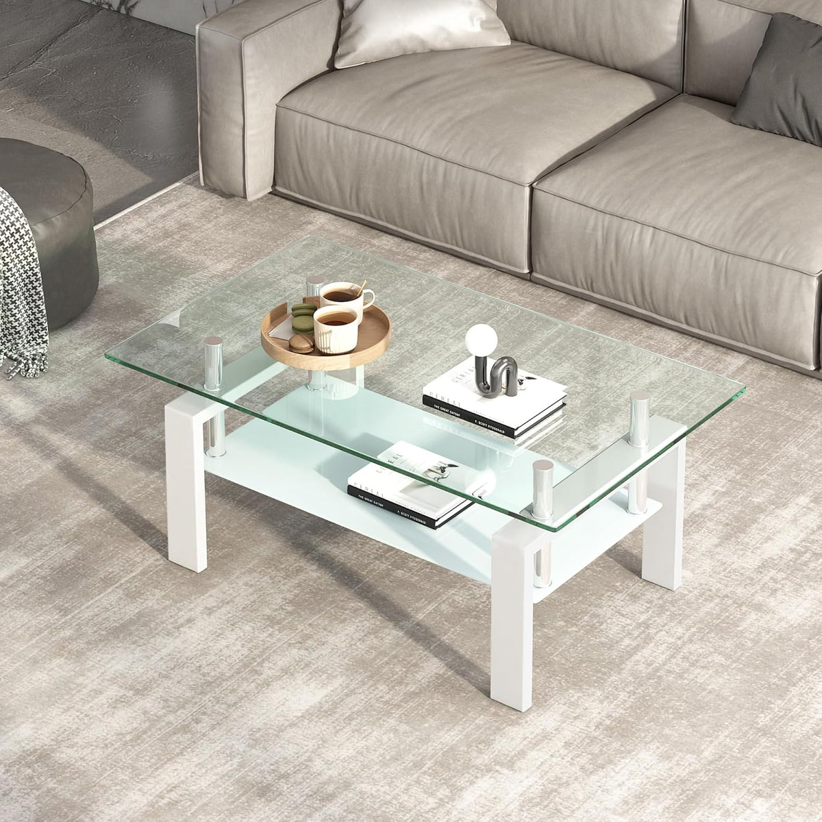 Glass Coffee Table Rectangle White Living Room Center Table, 39inch Transparent Tempered Glass