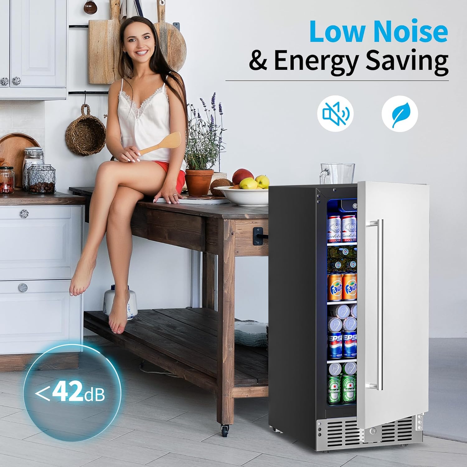 15 Inch Undercounter Beverage Refrigerator - 126 Cans Beverage Fridge with Stainless Steel Door for