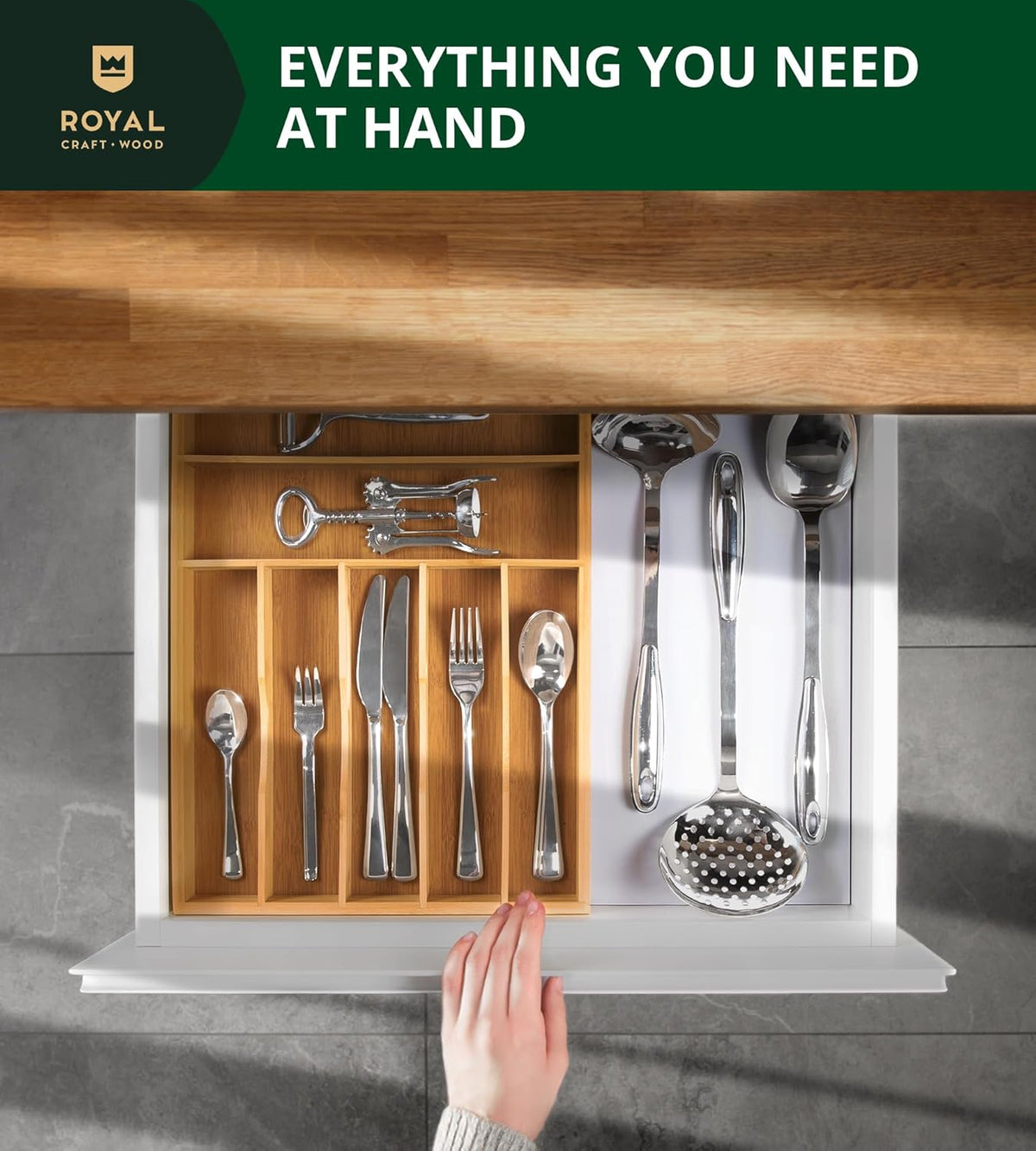 ROYAL CRAFT WOOD Luxury Bamboo Utensil Rack and Silverware Organizer, Kitchen Drawer Organizer