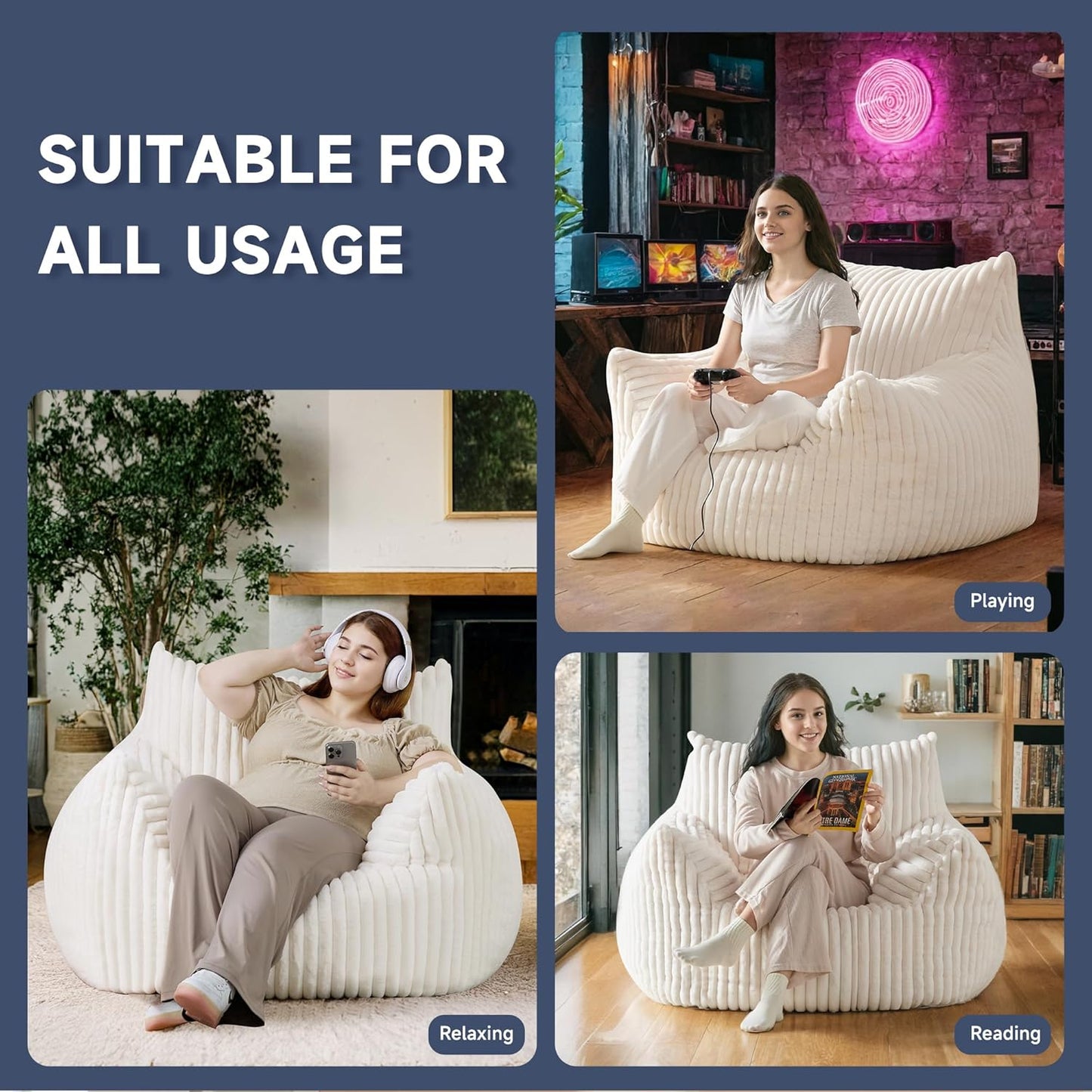Oversized Bean Bag Chair for Adults, Giant Comfy Plush Boneless Bean Bag Couch with Filler for Kids