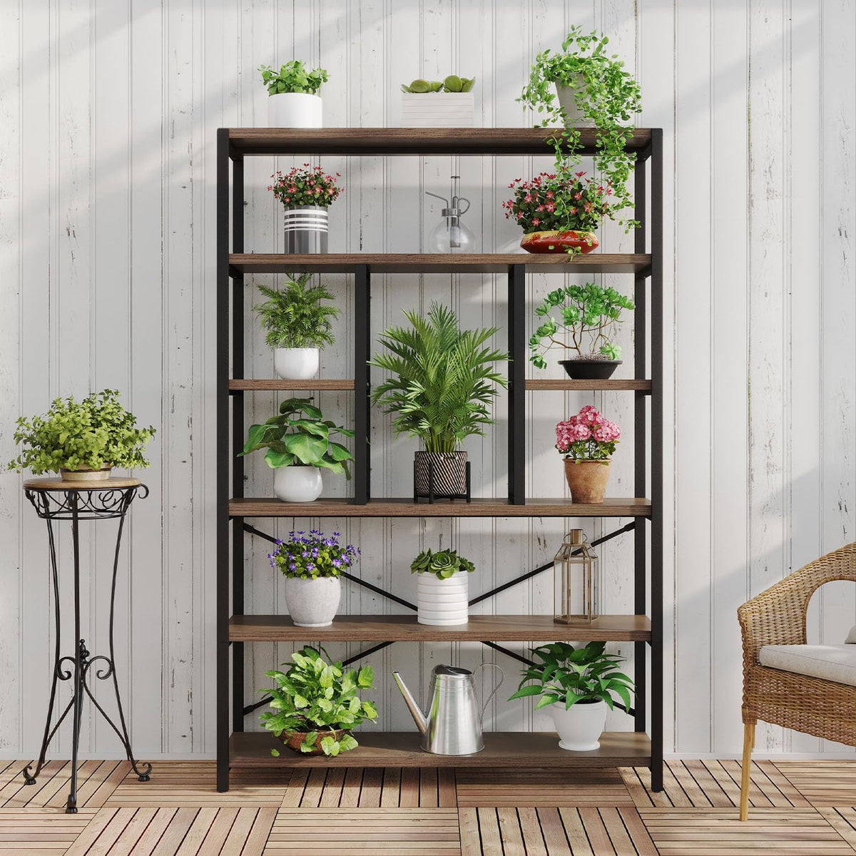 LVB Tall Industrial Etagere Bookcase, Modern Wood Large Open 6 Tier Bookshelf, Vintage Wide Metal