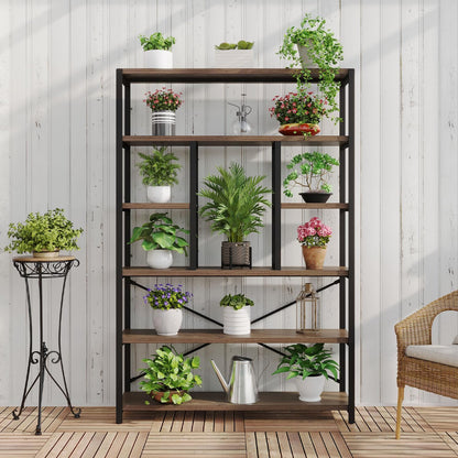 LVB Tall Industrial Etagere Bookcase, Modern Wood Large Open 6 Tier Bookshelf, Vintage Wide Metal