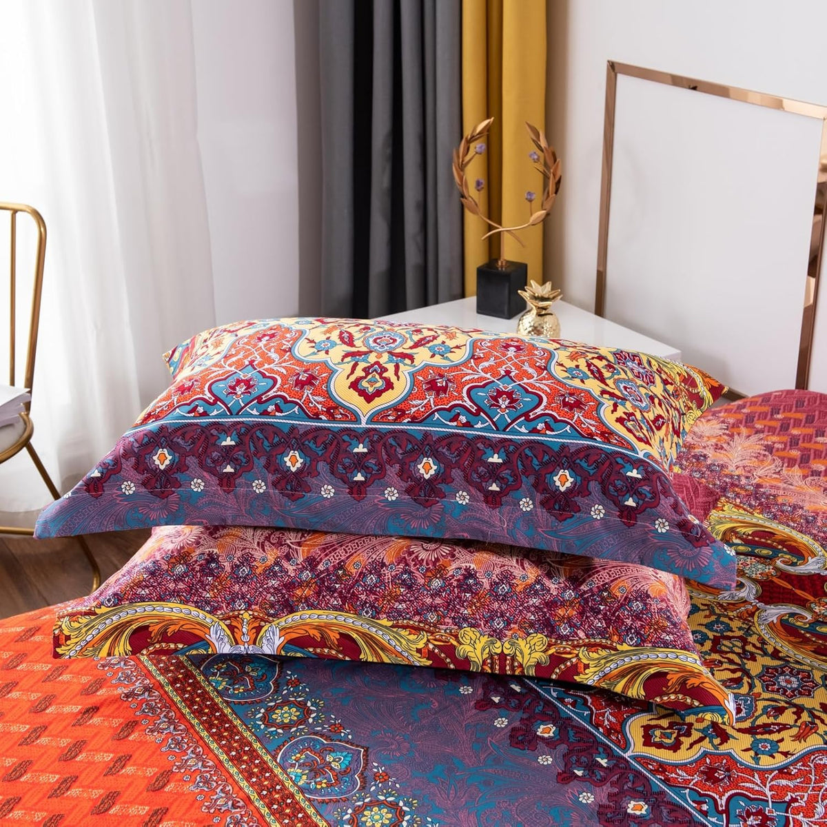 ABREEZE Bohemian Duvet Cover Set Colorful Orange Boho Retro Bedding Set Damask Paisley Cotton Duvet