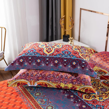 ABREEZE Bohemian Duvet Cover Set Colorful Orange Boho Retro Bedding Set Damask Paisley Cotton Duvet
