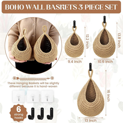 Wall Hanging Baskets for Organizing - 3 Pack Hanging Fruit Basket with 6 Pcs Strong Hooks
