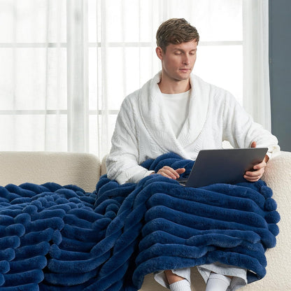 Cozy Bliss Faux Fur Throw Blanket for Couch, Cozy Warm Plush Striped Blanket for Sofa Bedroom
